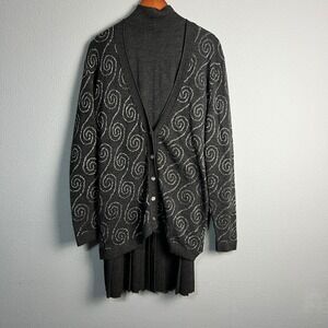 Bullocks Wilshire Knit Cardigan Skirt Tank Set Metallic Swirls Wool Blend Gray M